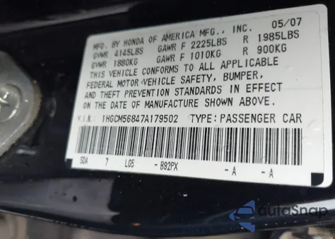 2007 Honda Accord 2.4 Ex from USA, damaged, VIN 1HGCM56847A179502